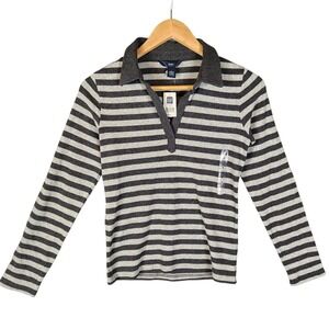 Vintage Y2K Deadstock Gap Polo Shirt Women's S Gray Striped Long Sleeve Ribbed